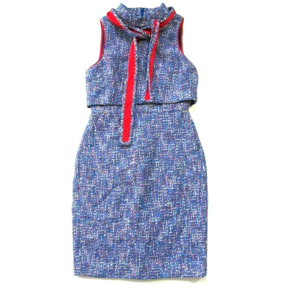 NWT J.Crew Tie-neck Tank Sheath in Blue Red Metallic Autumn Tweed Dress 2